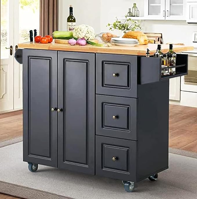 PHI VILLA Rolling Kitchen Island with Drop Leaf black and oak