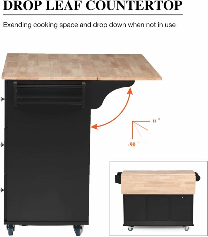 PHI VILLA Rolling Kitchen Island with Drop Leaf drop leaf Copy