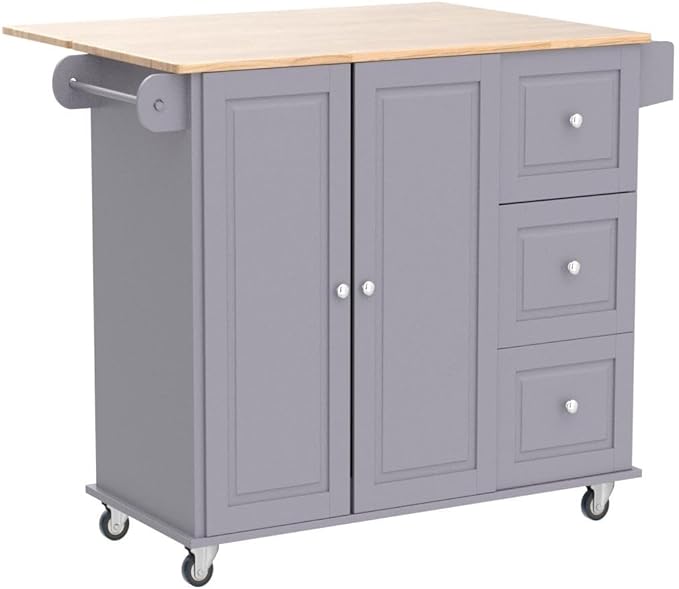 PHI VILLA Rolling Kitchen Island with Drop Leaf grey and oak