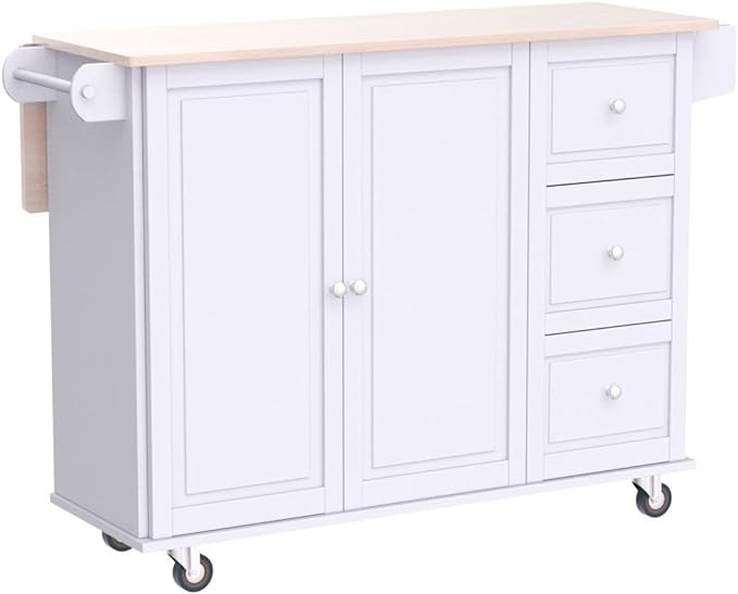 PHI VILLA Rolling Kitchen Island with Drop Leaf for resin artists white and oak