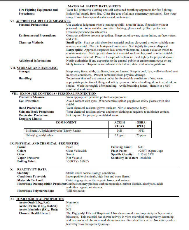 epoxy resin msds sheet