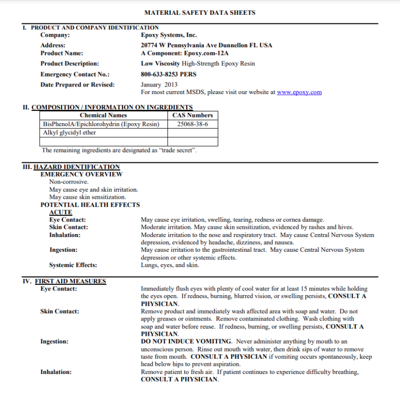 epoxy resin msds sheet